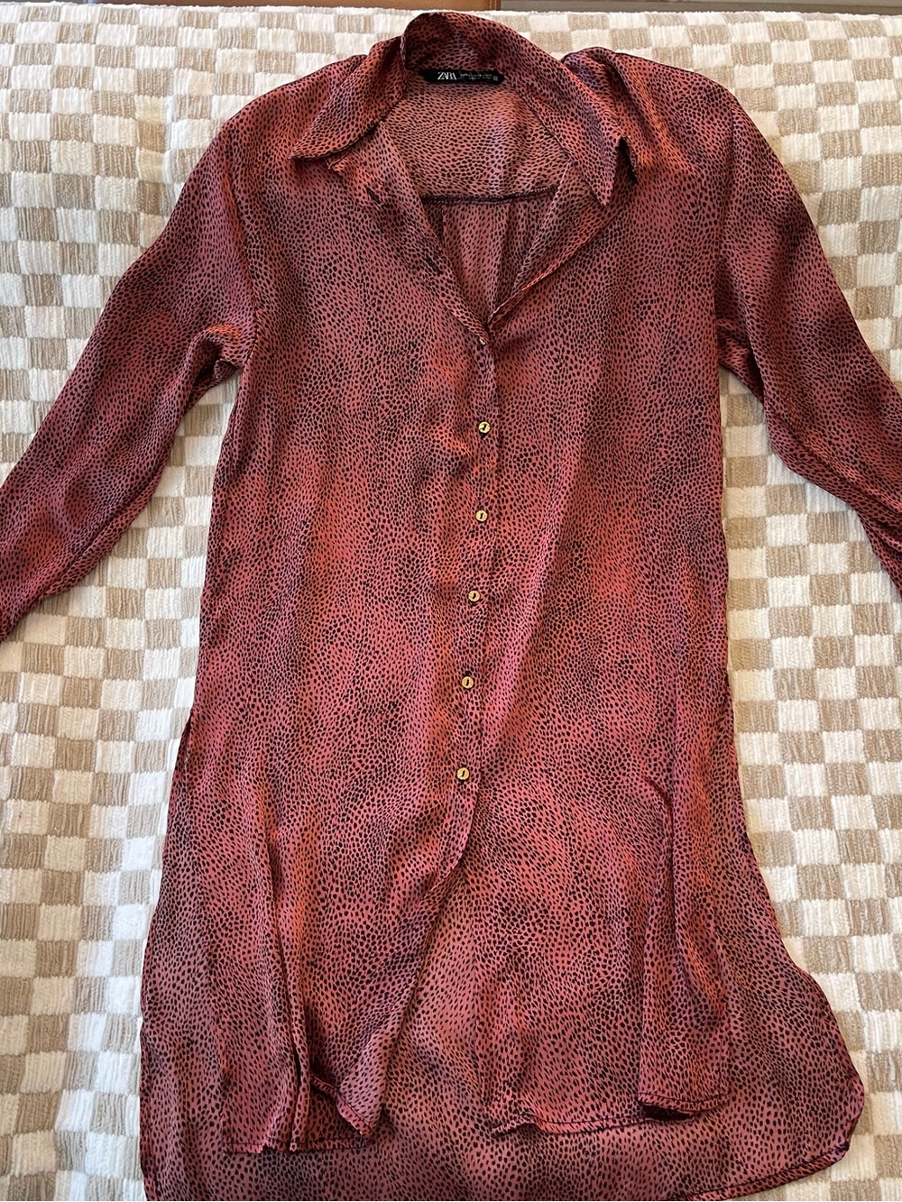Zara Burnt Red Printed Button-Down Shirt Dress
